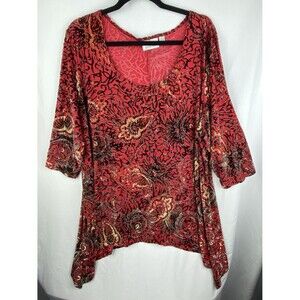 Avenue Velvet Burnout Tunic Top Womens 3X Red Multi Floral Dark Romantic Fairy